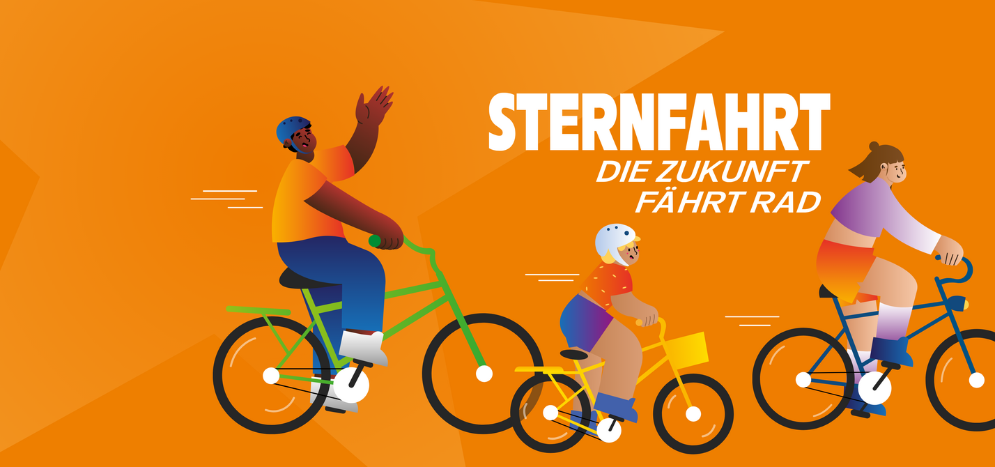 Sternfahrt 2026 Unteschiedliche Menschen fahren auf Fahrrädern. Darüber steht Sternfahrt: Die Zukunft fährt Rad.