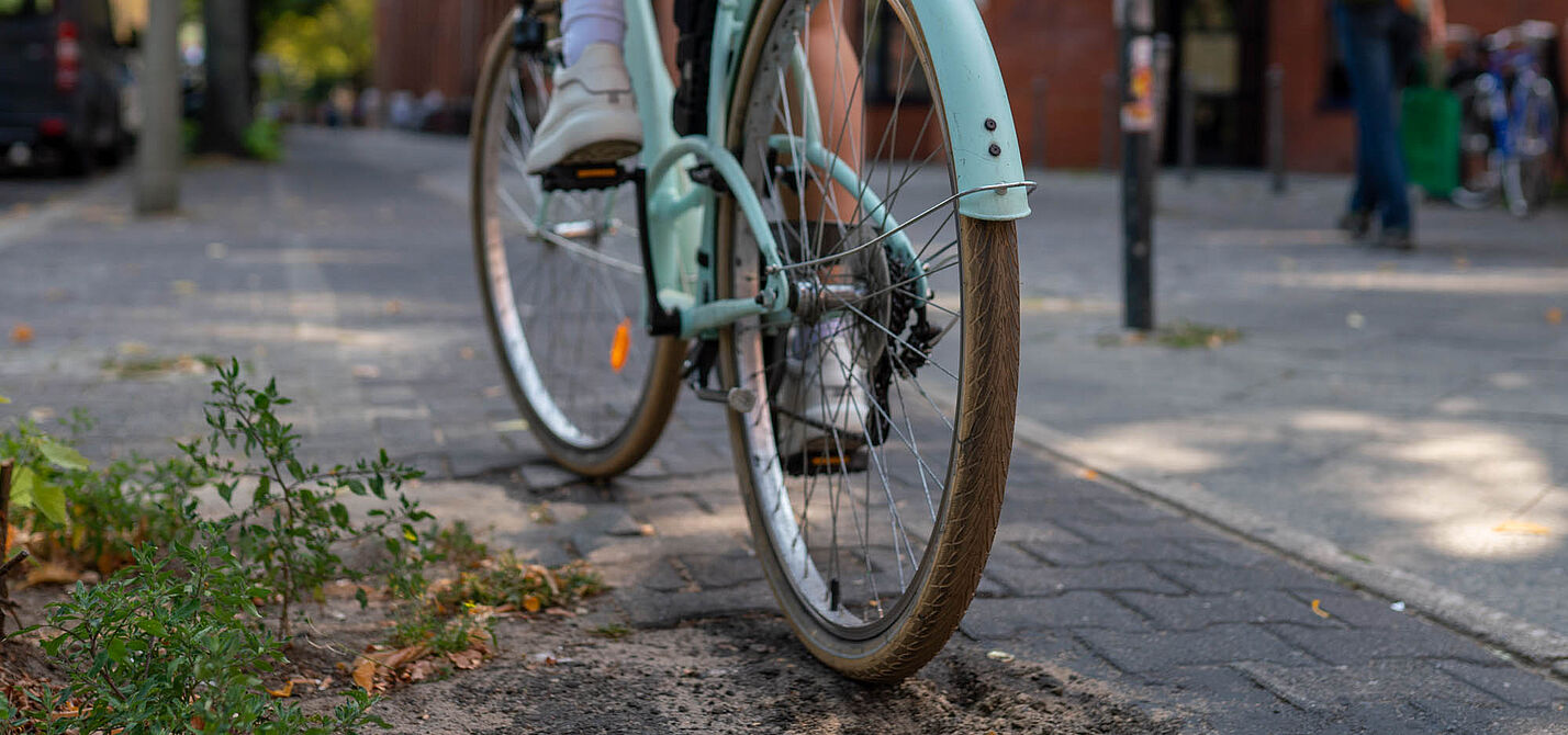 Ein Fahrrad fährt über einen holprigen Radweg.